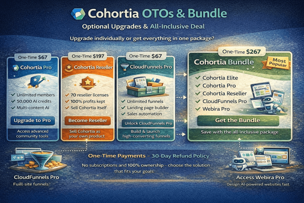 Cohortia OTO and bundle overview showing Pro, Reseller, CloudFunnels Pro, and Webira Pro upgrades in one comparison visual