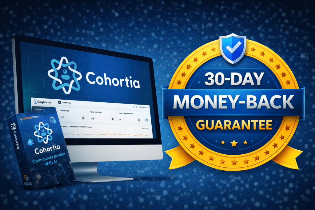 Cohortia platform interface shown with 30-day money-back guarantee badge