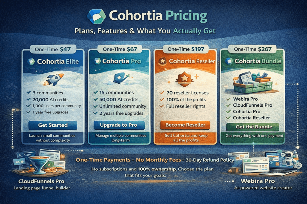Cohortia pricing plans overview showing Elite, Pro, Reseller, and Bundle options with one-time payment structure