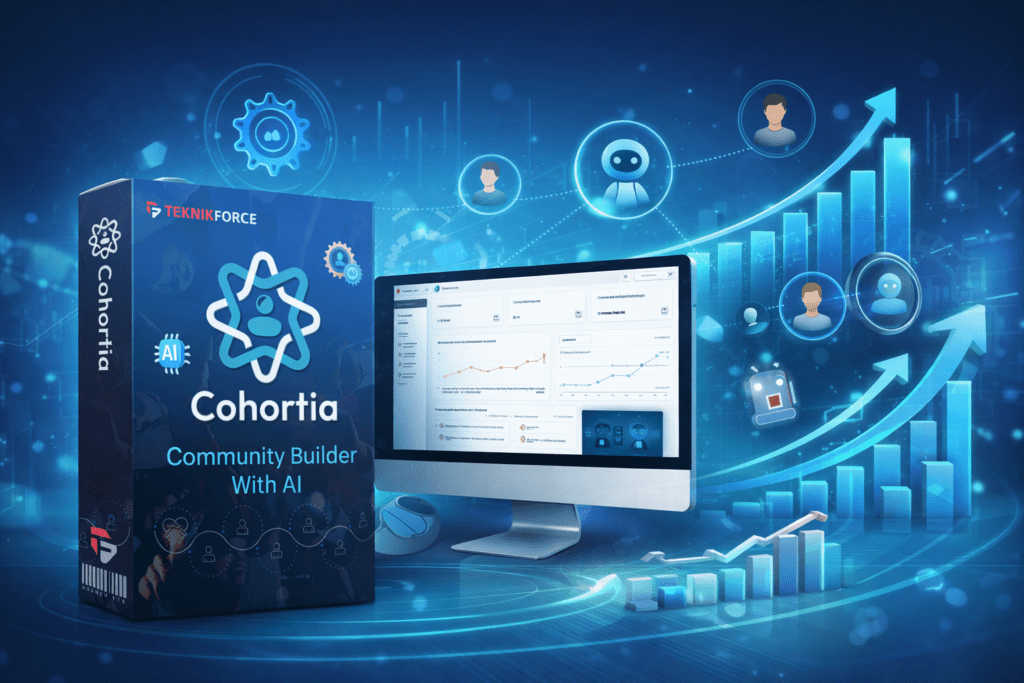Cohortia Review - Overview of the Cohortia platform showing AI-powered community dashboard, engagement metrics, and core features