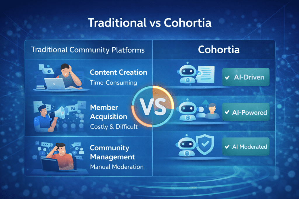 Comparison showing traditional community platforms with manual engagement versus Cohortia using AI-powered automation and active discussions