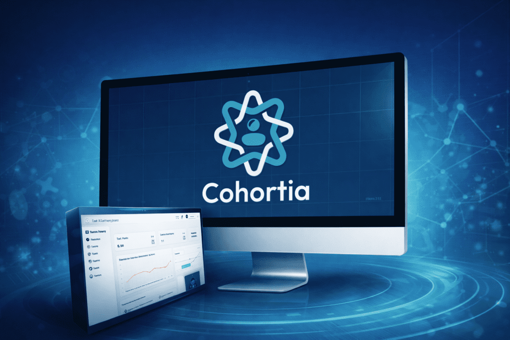 Platform overview showing the Cohortia AI-powered community dashboard and core interface elements