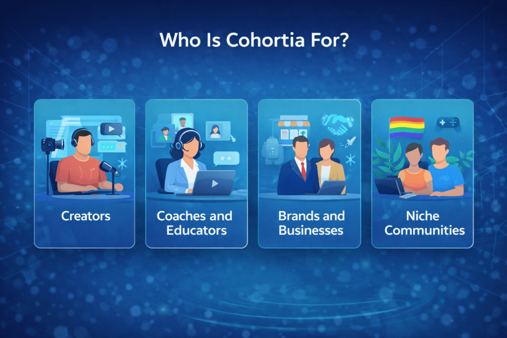 Illustration showing who Cohortia is designed for, including creators, coaches, businesses, and niche community owners